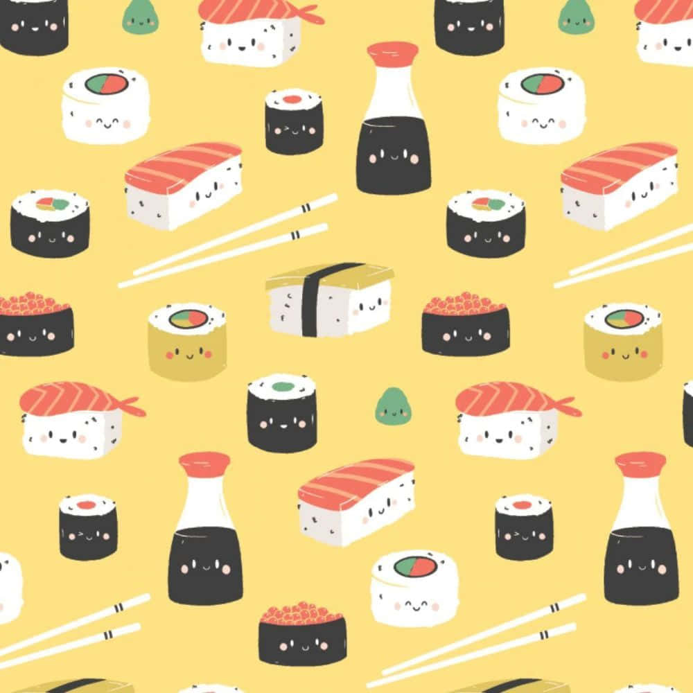 Kawaii Japanese Food 桌布 壁紙 — 一個充滿可愛卡通壽司和筷子笑臉的愉快黃色背景。