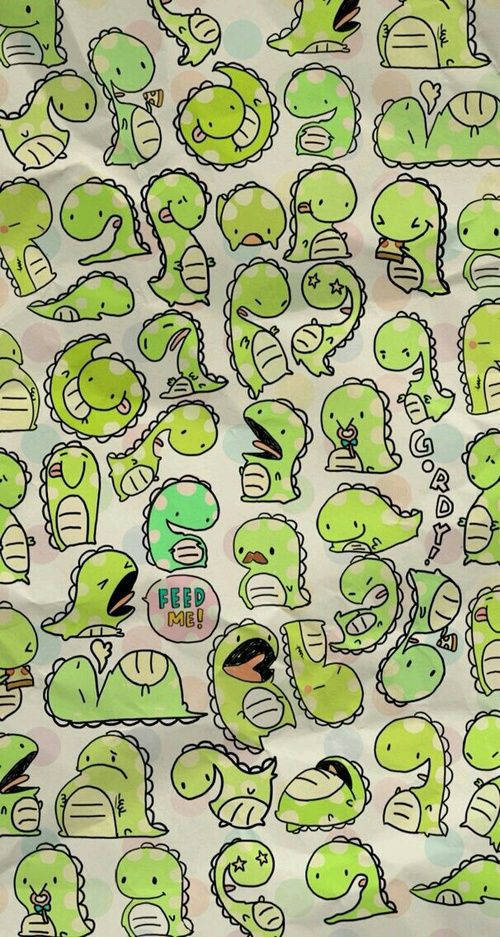 Cartoon Dinosaur Phone 桌布 壁紙 — 一個充滿可愛綠色卡通恐龍、做出各種傻氣姿勢和表情的俏皮桌布。
