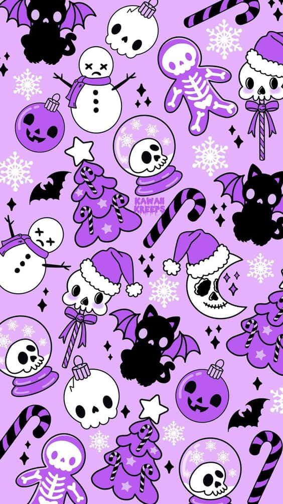 Witchy Phone 桌布 壁紙 — 一個充滿可愛骷髏頭、雪人、蝙蝠和拐杖糖的紫色趣味桌布，採用卡哇伊萬聖節主題。