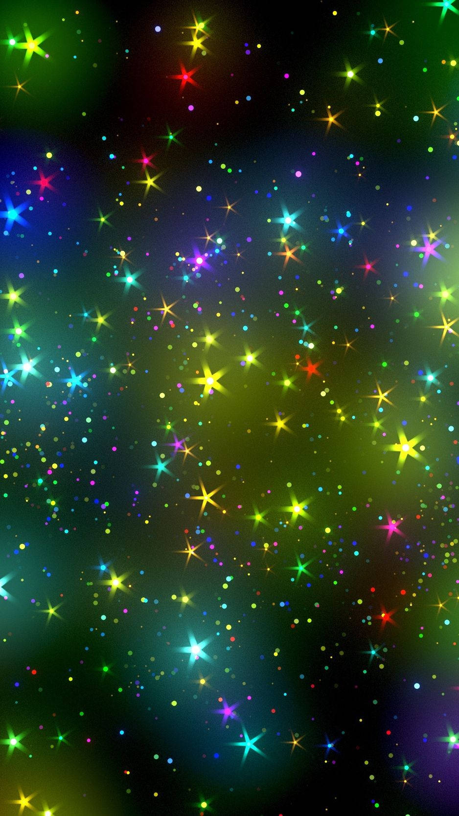iPhone 桌布 壁紙 — 一個充滿多彩發光星星和閃爍的鮮豔宇宙場景，背景為深色漸變。