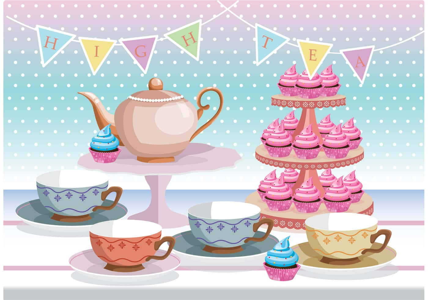 Tea Party 桌布 壁紙 — 一個充滿奇思妙想的下午茶擺設，包括粉彩紙杯蛋糕、圖案茶杯和茶壺，上方掛著波點橫幅。