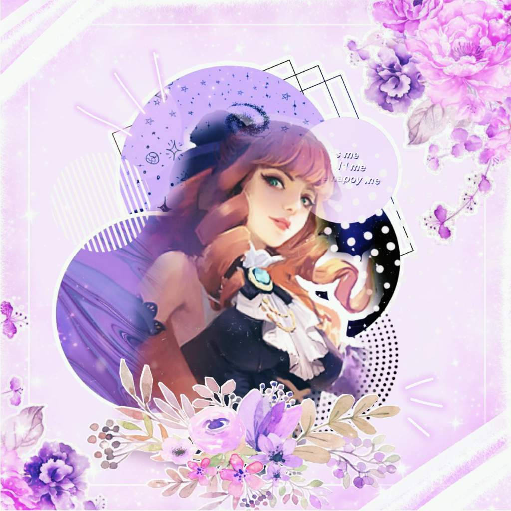 Guinevere 桌布 壁紙 — 一個充滿奇思妙想的動漫女孩，粉紅色頭髮，戴著星星帽，被紫色花朵和幾何框架環繞。