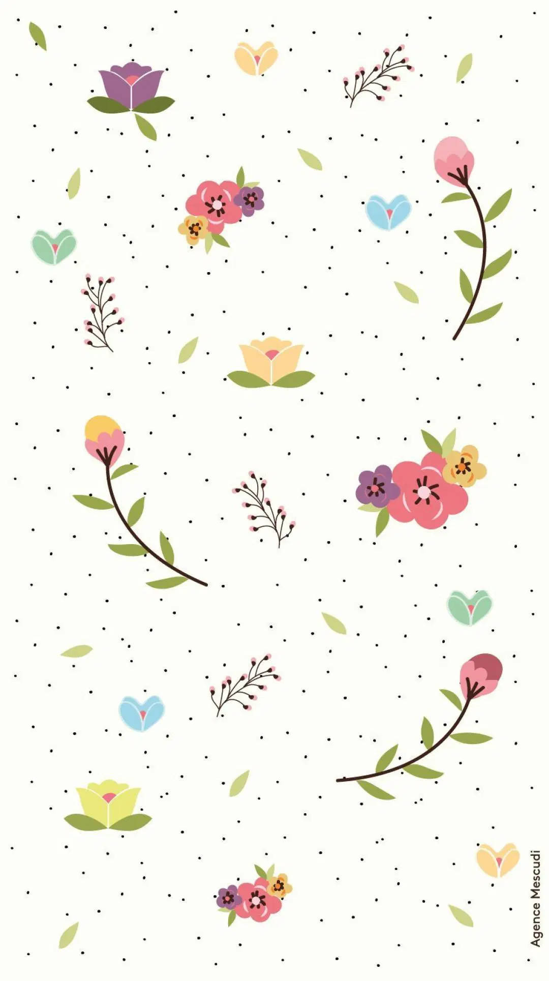 Spring iPhone 桌布 壁紙 — 一個充滿奇思妙想的圖案，由粉彩花朵、心形和葉子散佈在帶有圓點的奶油色背景上。