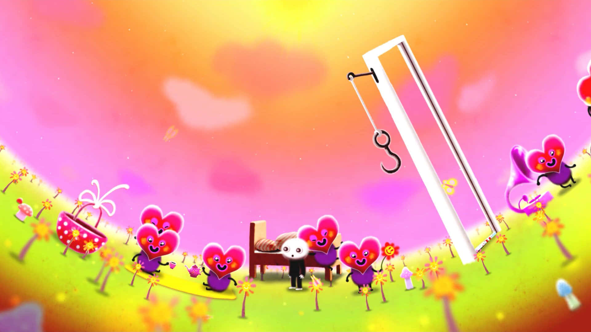 game 桌布 壁紙 — 一個充滿奇思妙想的數位場景，有心形角色和一個巨大的鞦韆懸掛在充滿活力的粉紅色和黃色天空中。