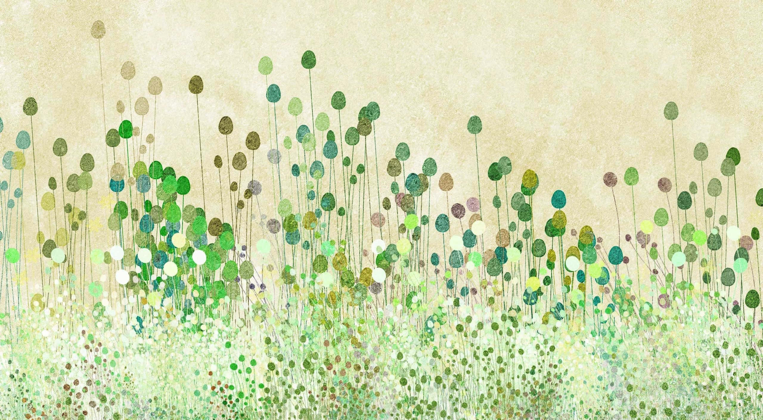 Cool Art 桌布 壁紙 — 一個充滿奇思妙想的田野，點綴著風格化的綠色和金色花朵，花莖帶有紋理，背景是溫暖的米色。
