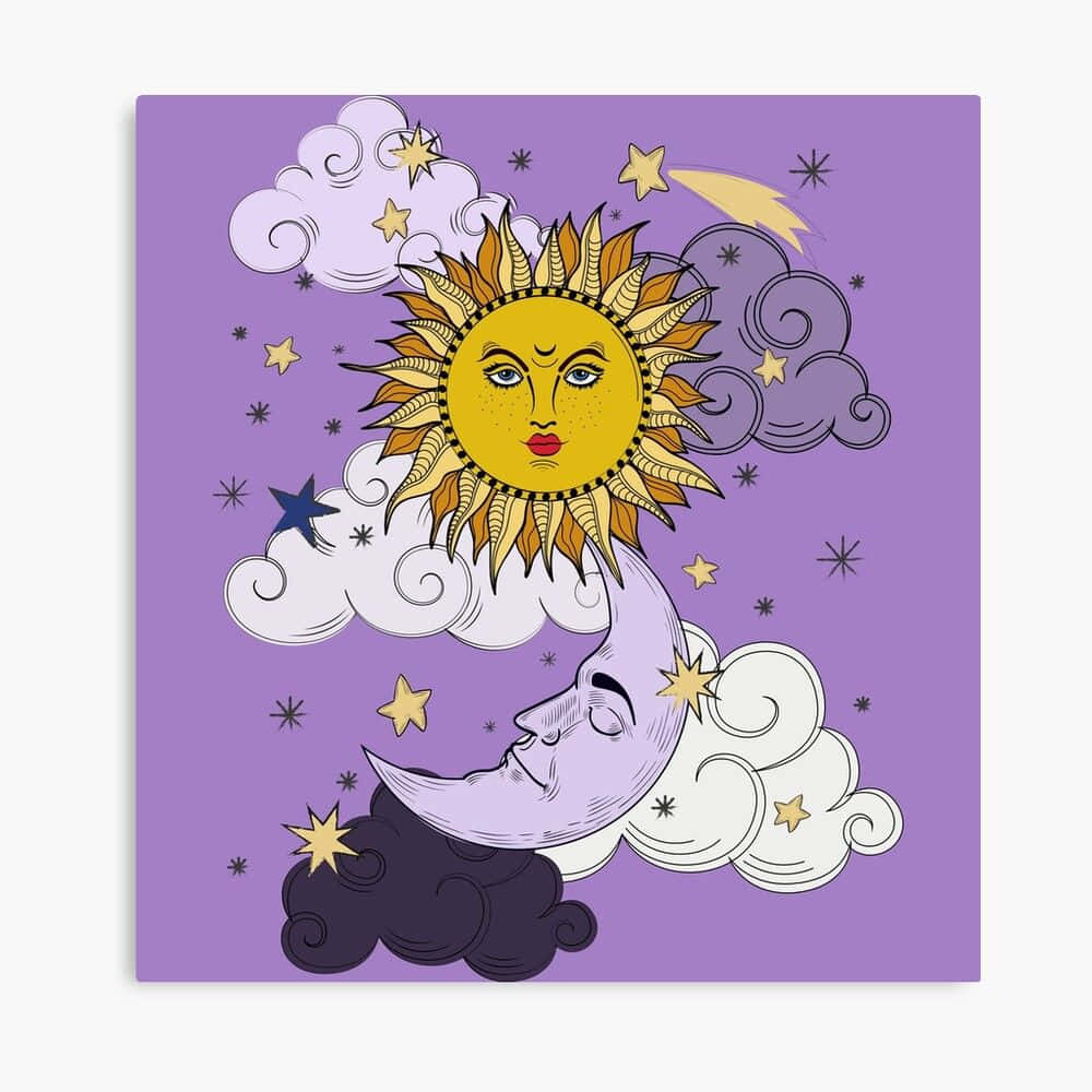Moon Face 桌布 壁紙 — 一個充滿奇想的插圖太陽和月亮，帶有臉孔，依偎在紫色天空中的旋轉雲朵和閃爍星星之間。