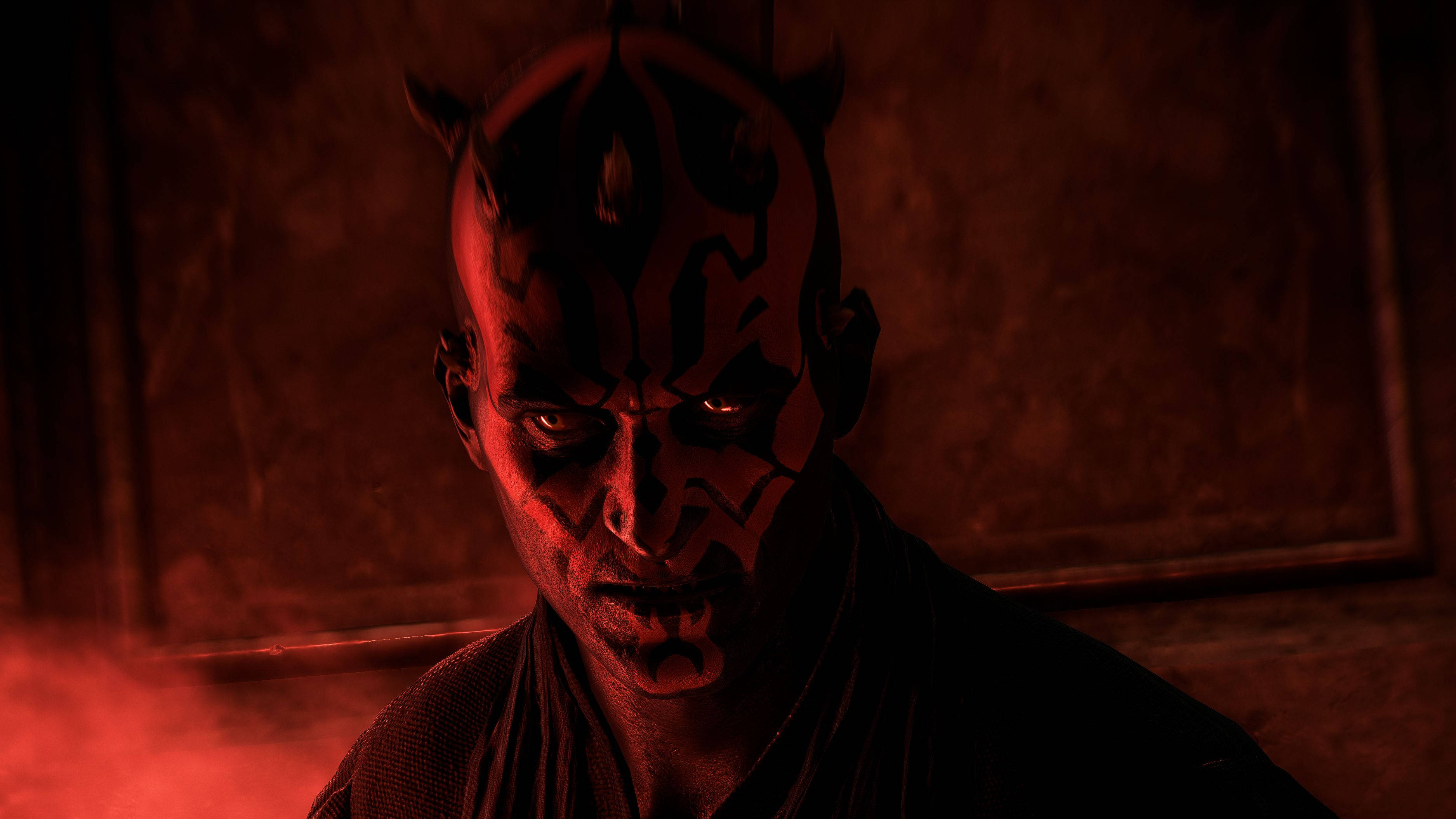 Maul 桌布 壁紙 — 一個充滿威脅性的紅色燈光肖像，達斯魔在煙霧瀰漫的昏暗房間中，眼睛和角發光。