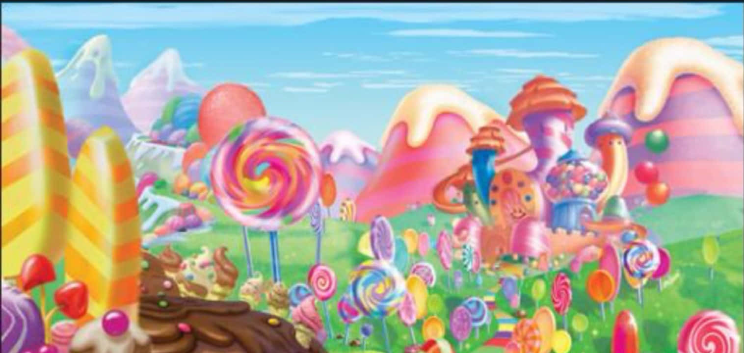 Candy Land 桌布 壁紙 — 一個充滿巨大棒棒糖、軟糖和巧克力山的奇幻糖果樂園景觀，在明亮的藍天下。