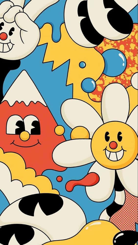70s Hippie 桌布 壁紙 — 一個充滿微笑擬人化角色（如紅色鉛筆和雛菊）的鮮豔卡通風格桌布，背景為藍色。