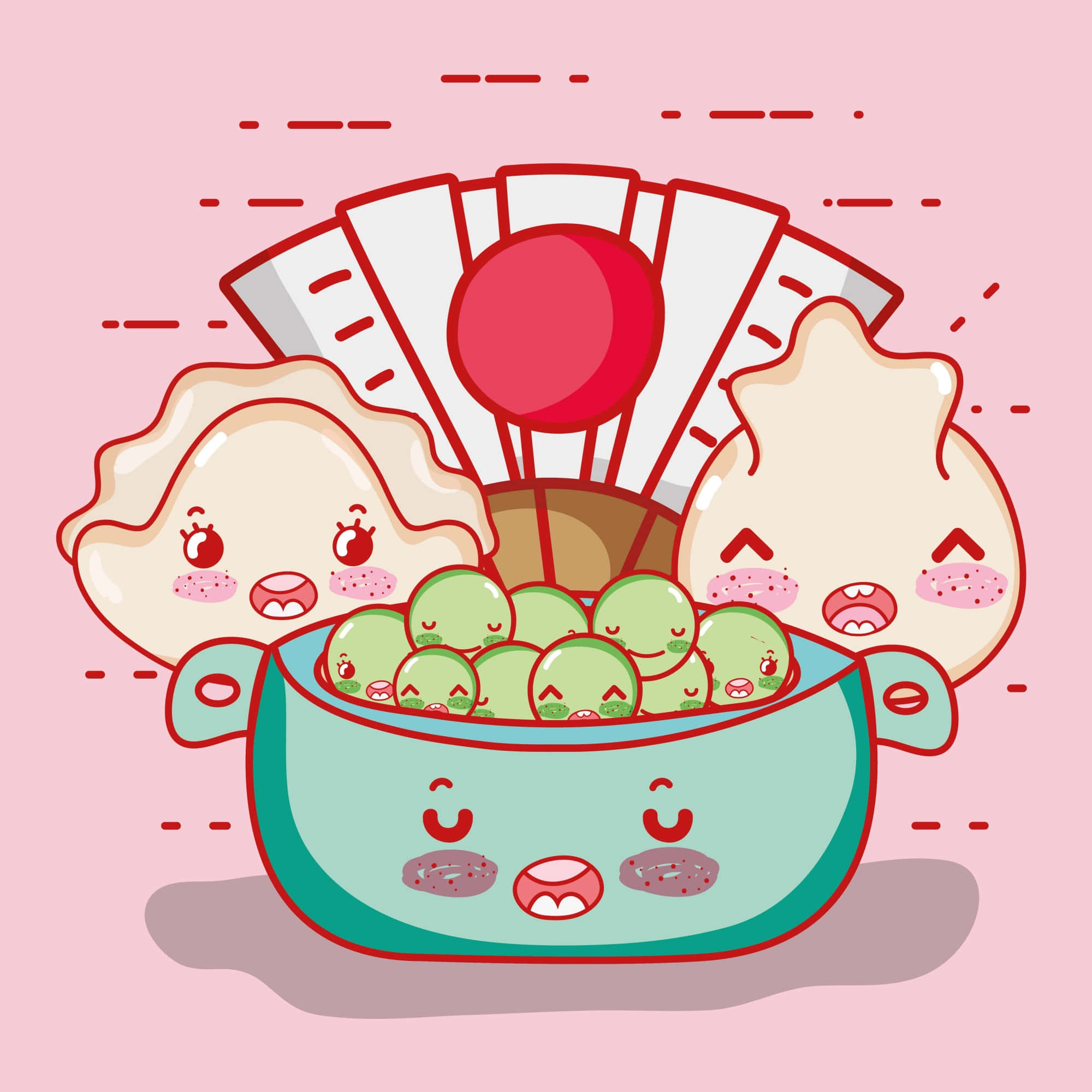 可愛 桌布 壁紙 — 一個充滿微笑綠色餃子的歡樂卡通鍋，後面有兩個餃子角色和一個紅太陽。