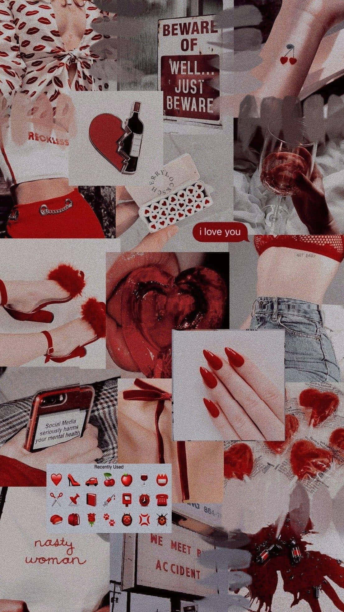 Red Collage 桌布 壁紙 — 一個充滿情緒的紅色主題拼貼，包含嘴唇、葡萄酒、心形、紋身和社交媒體語錄，帶有粗獷美學。