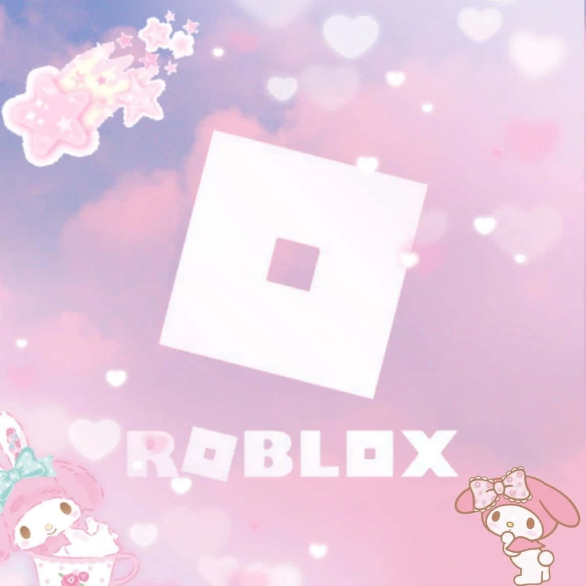 Roblox 桌布 壁紙 — 一個充滿愛心和星星的粉紫粉紅天空，展示了 Roblox 標誌，兩旁有 My Melody 角色。