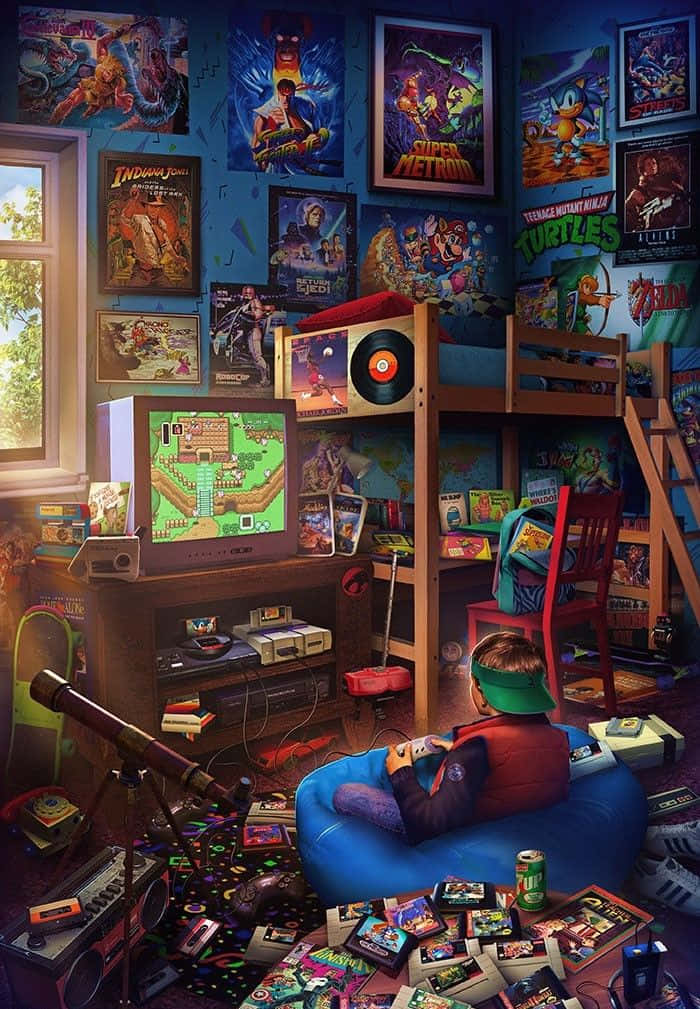 Gaming Art 桌布 壁紙 — 一個充滿懷舊氣息的90年代遊戲房，貼滿海報、擺放復古遊戲機，一個孩子正沉浸在經典遊戲中。