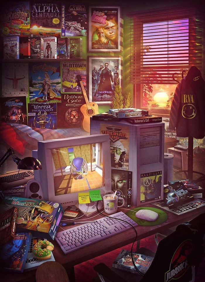Gaming Art 桌布 壁紙 — 一個充滿懷舊氣息的遊戲室，沐浴在溫暖的夕陽光中，有海報、書籍和一個顯示遊戲的CRT顯示器。