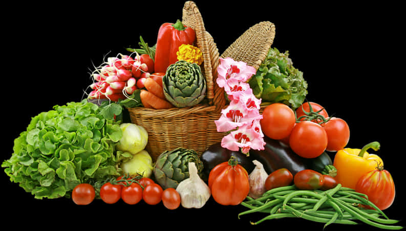 Vegetables 桌布 壁紙 — 一個充滿新鮮蔬菜和粉紅色花朵的鮮豔籃子，背景是純黑色。