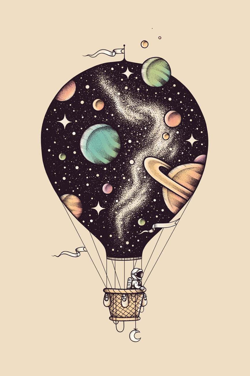 Interstellar Travel 桌布 壁紙 — 一個充滿星星、行星和太空人駕駛員的奇幻熱氣球漂浮在米色背景上。