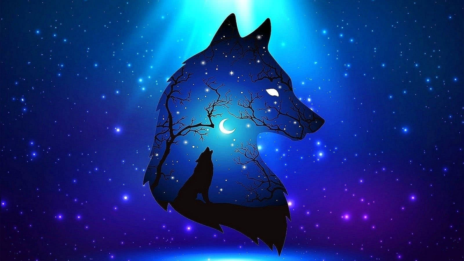 藍色狼 桌布 壁紙 — 一個充滿星星和新月的狼剪影，對著充滿活力的藍色宇宙天空嚎叫。