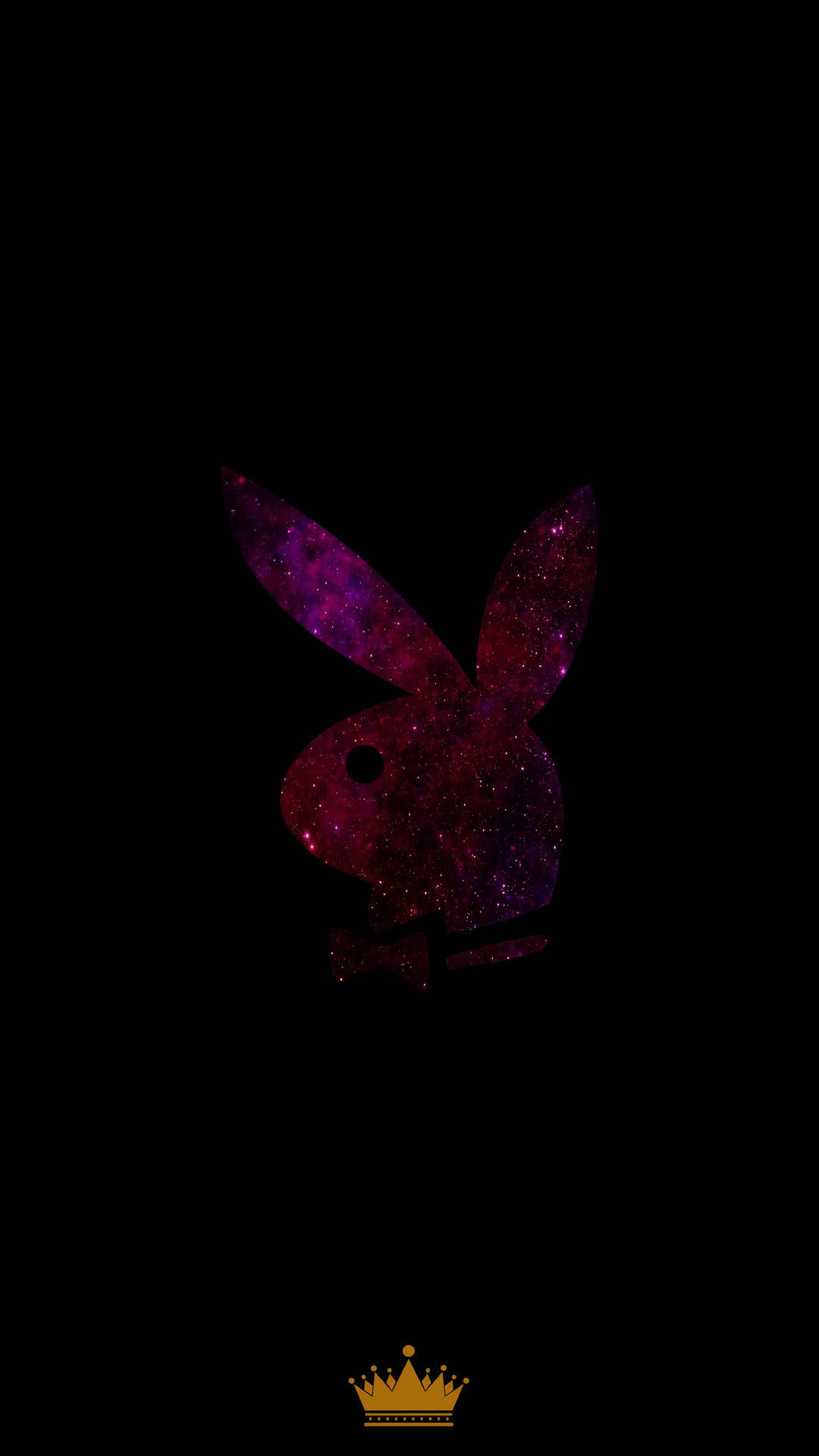 花花公子 桌布 壁紙 — 一個充滿星系的紫色兔子剪影，戴著金色皇冠，背景為黑色。