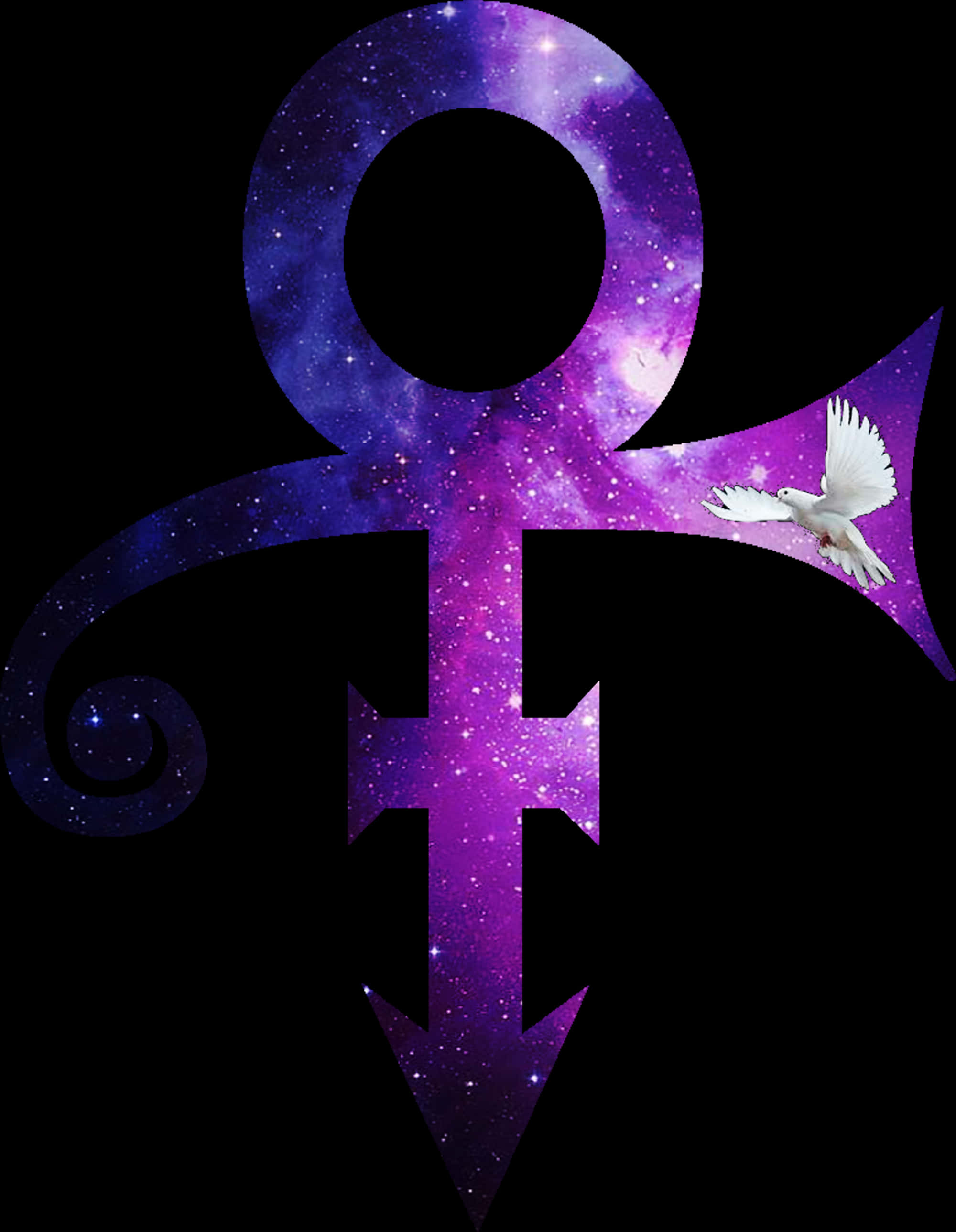 Symbol 桌布 壁紙 — 一個充滿星系的紫色和藍色符號，有一隻白鴿從其右臂飛向黑色背景。