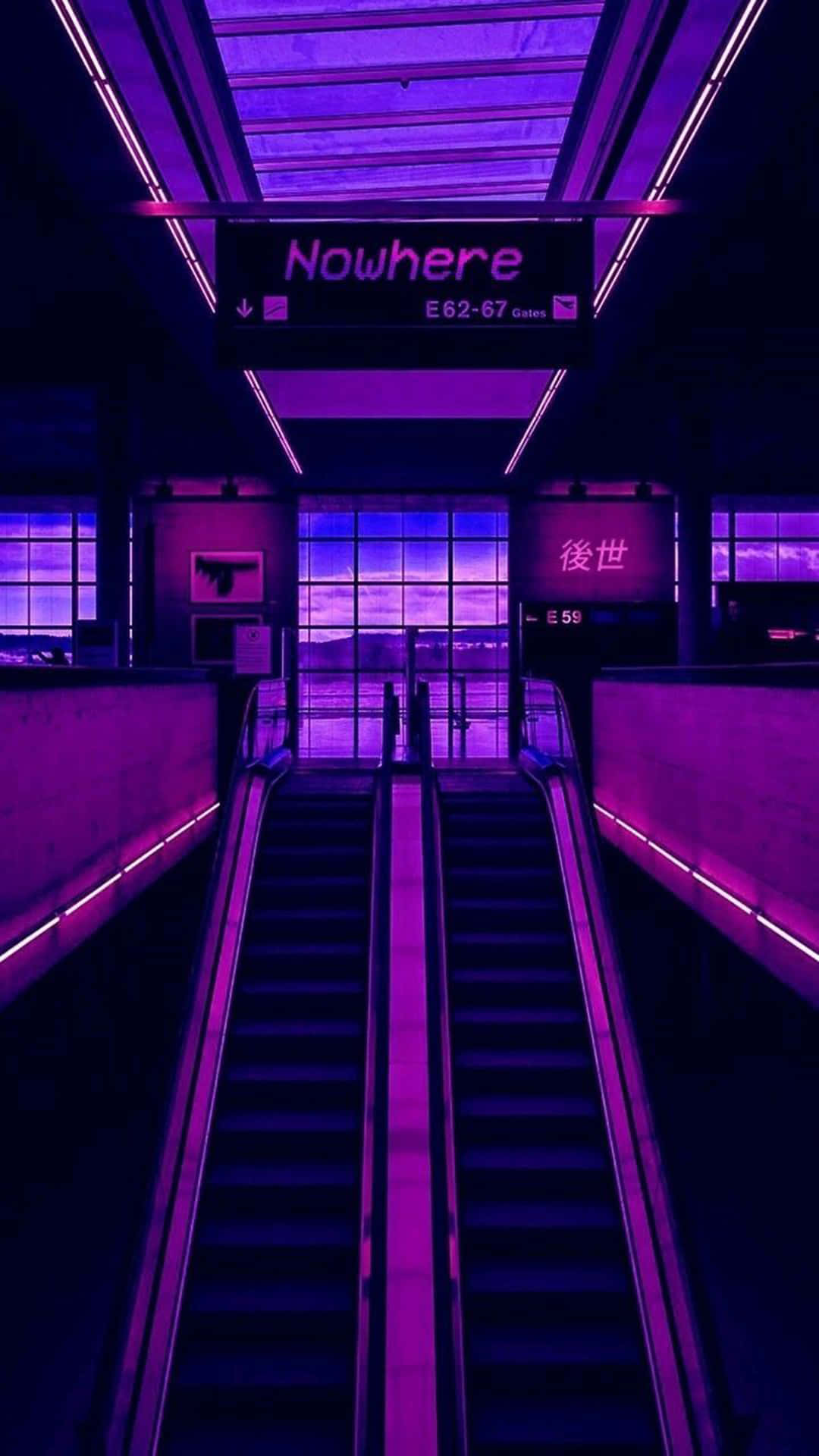 Cute Neon Pink 桌布 壁紙 — 一個充滿未來感的地鐵站，沐浴在霓虹紫光中，電扶梯通往一個發光的「Nowhere」標誌。