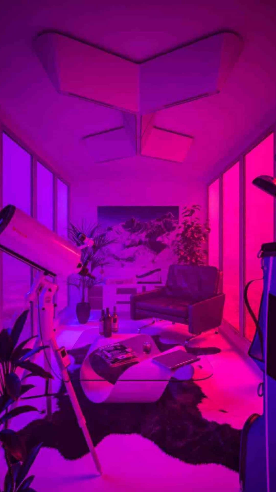 Living Room 桌布 壁紙 — 一個充滿未來感的客廳，沐浴在充滿活力的粉紅色和紫色霓虹燈光中，配有現代家具和大窗戶。