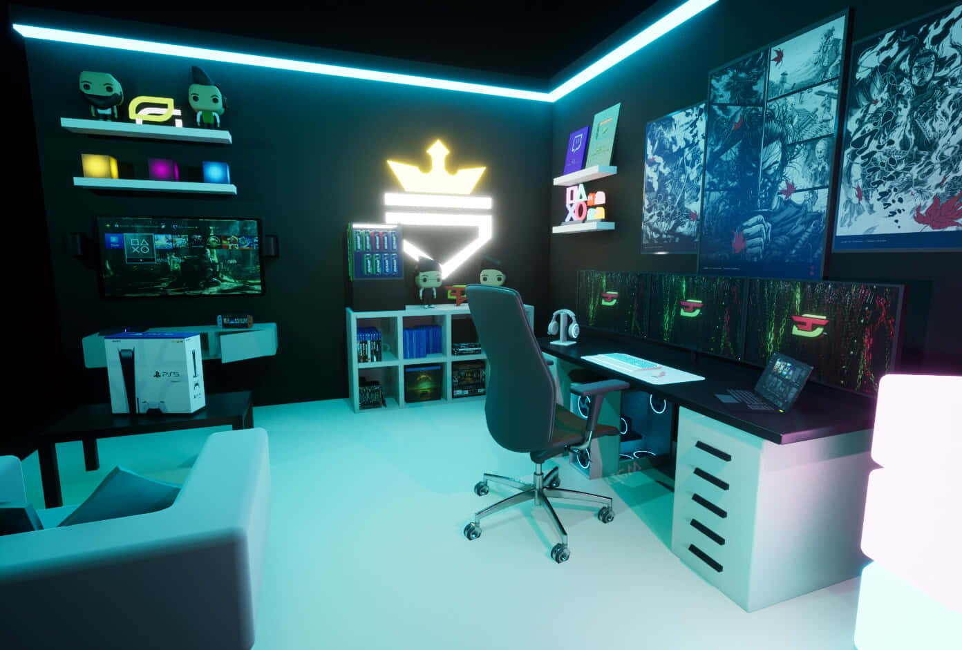 Gaming Room 桌布 壁紙 — 一個充滿未來感的遊戲室，沐浴在霓虹藍光中，配有多個顯示器和一個發光的皇冠標誌。