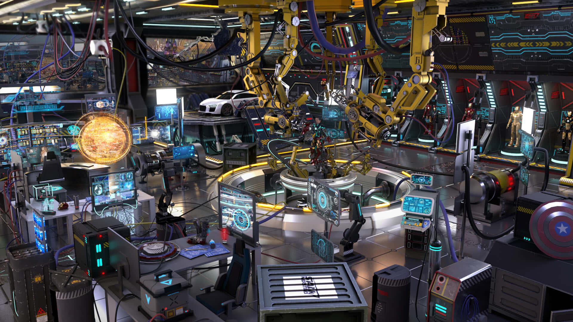 Iron Man Technology 桌布 壁紙 — 一個充滿機械臂、發光螢幕和標誌性服裝的高科技超級英雄工作室，在明亮的工業照明下。
