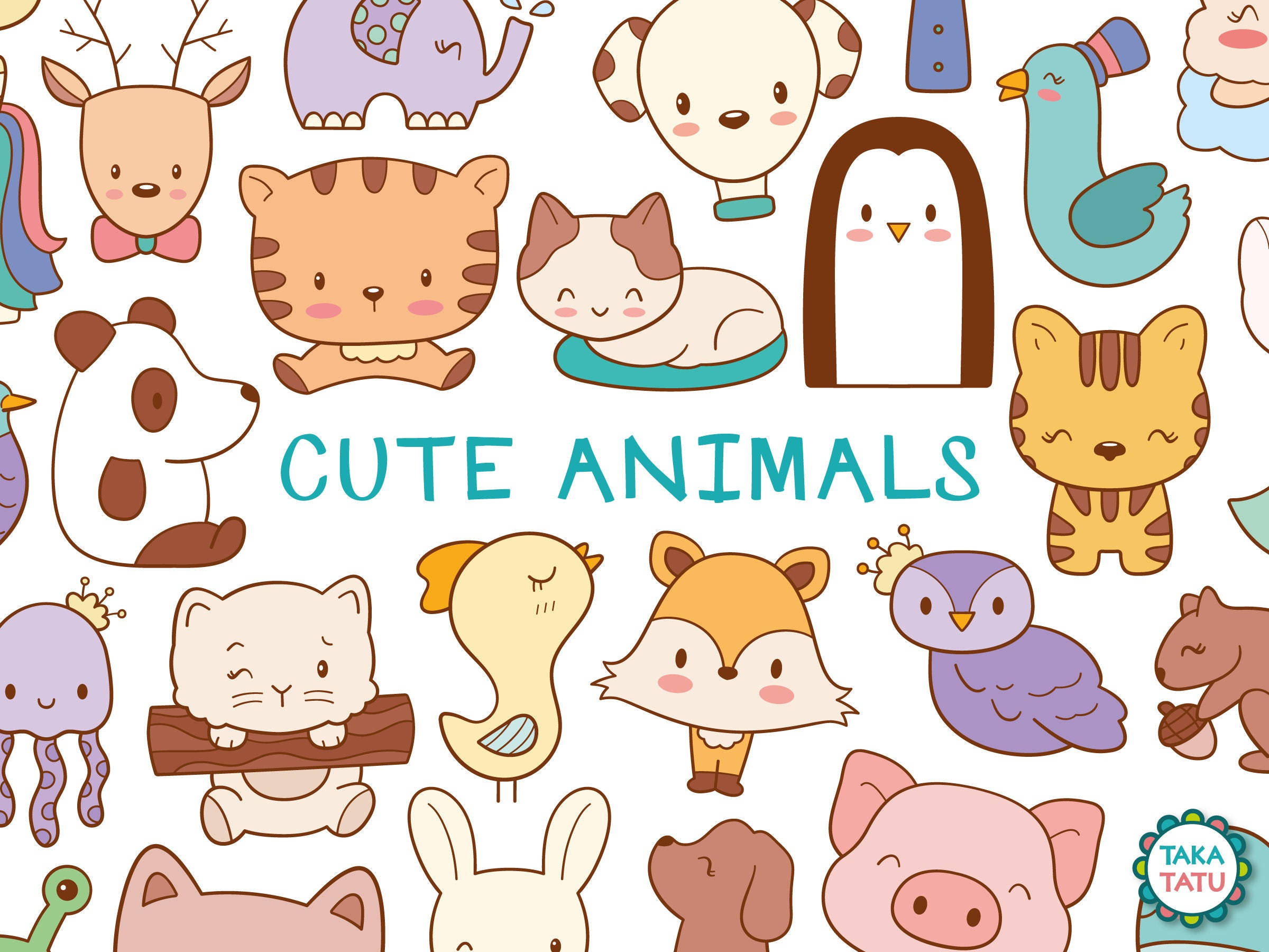 Kawaii Cute Animals 桌布 壁紙 — 一個充滿歡樂的卡哇伊風格卡通動物系列，採用柔和粉彩顏色和簡單輪廓。