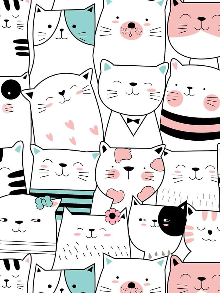 Cute Cat Pattern 桌布 壁紙 — 一個充滿歡樂的圖案，以可愛卡通貓咪為主題，帶有粉紅腮紅和柔和色調，採用俏皮的塗鴉風格。