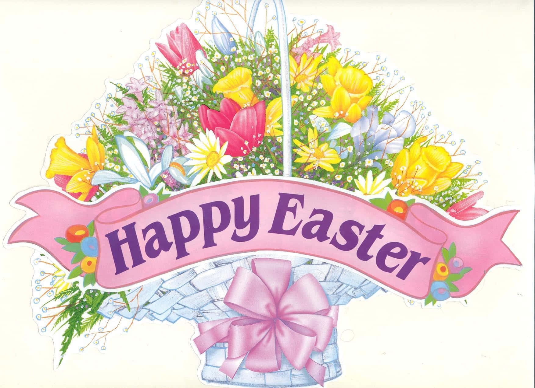 Religious Easter 桌布 壁紙 — 一個充滿歡樂的復活節籃子，裡面裝滿了色彩繽紛的花朵和一條寫著「Happy Easter」的粉紅色絲帶。