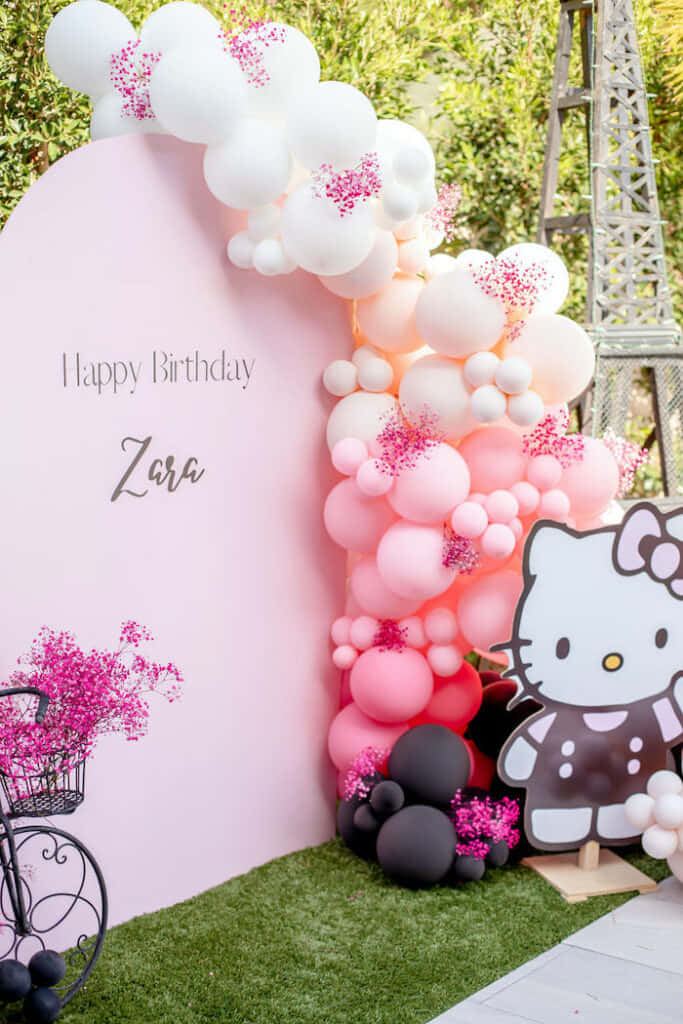 Hello Kitty Party 桌布 壁紙 — 一個充滿歡樂的粉紅色氣球拱門，帶有亮粉和Hello Kitty剪影，裝飾著戶外生日背景。