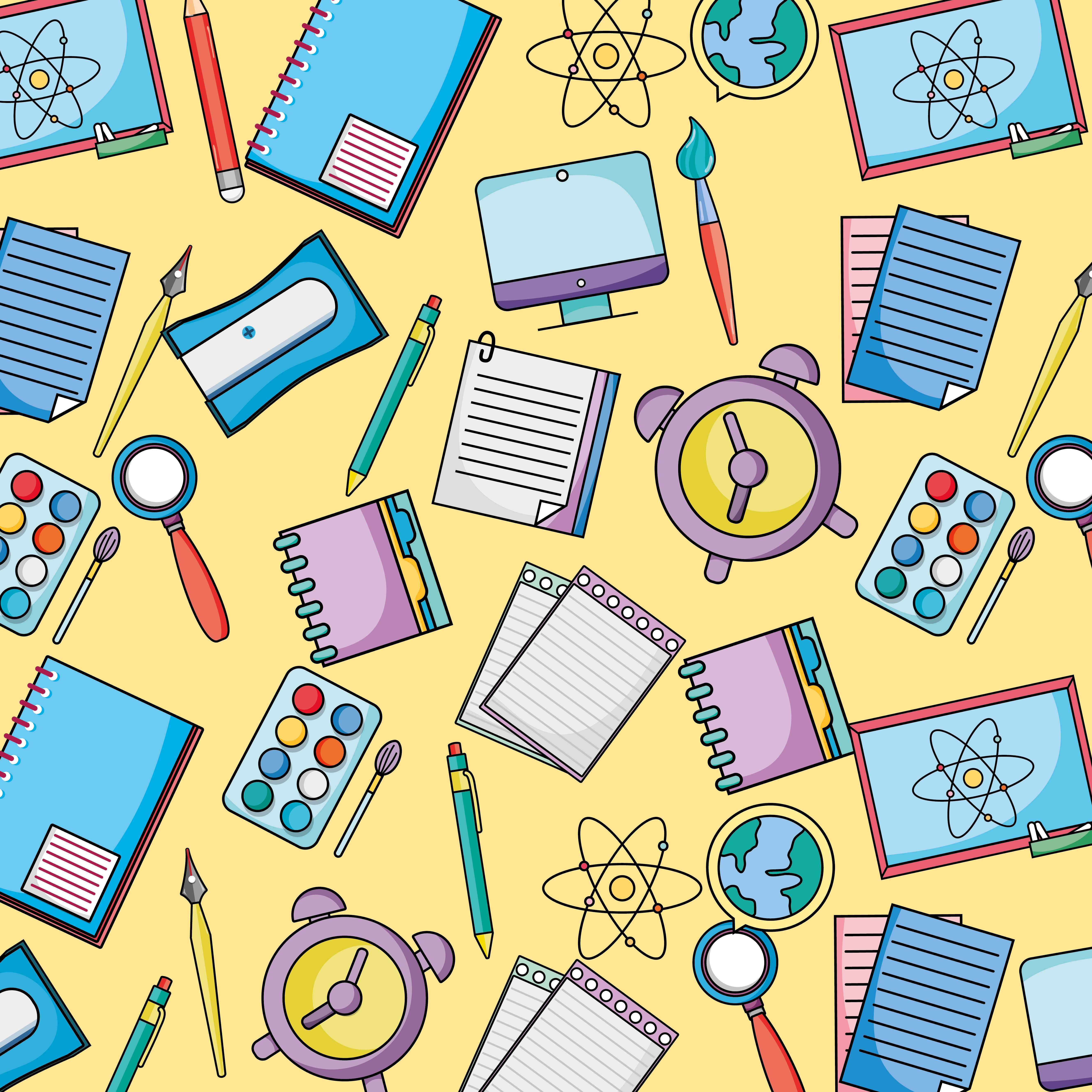 Educational 桌布 壁紙 — 一個充滿歡樂的黃色背景，散落著卡通學校用品和科學工具。