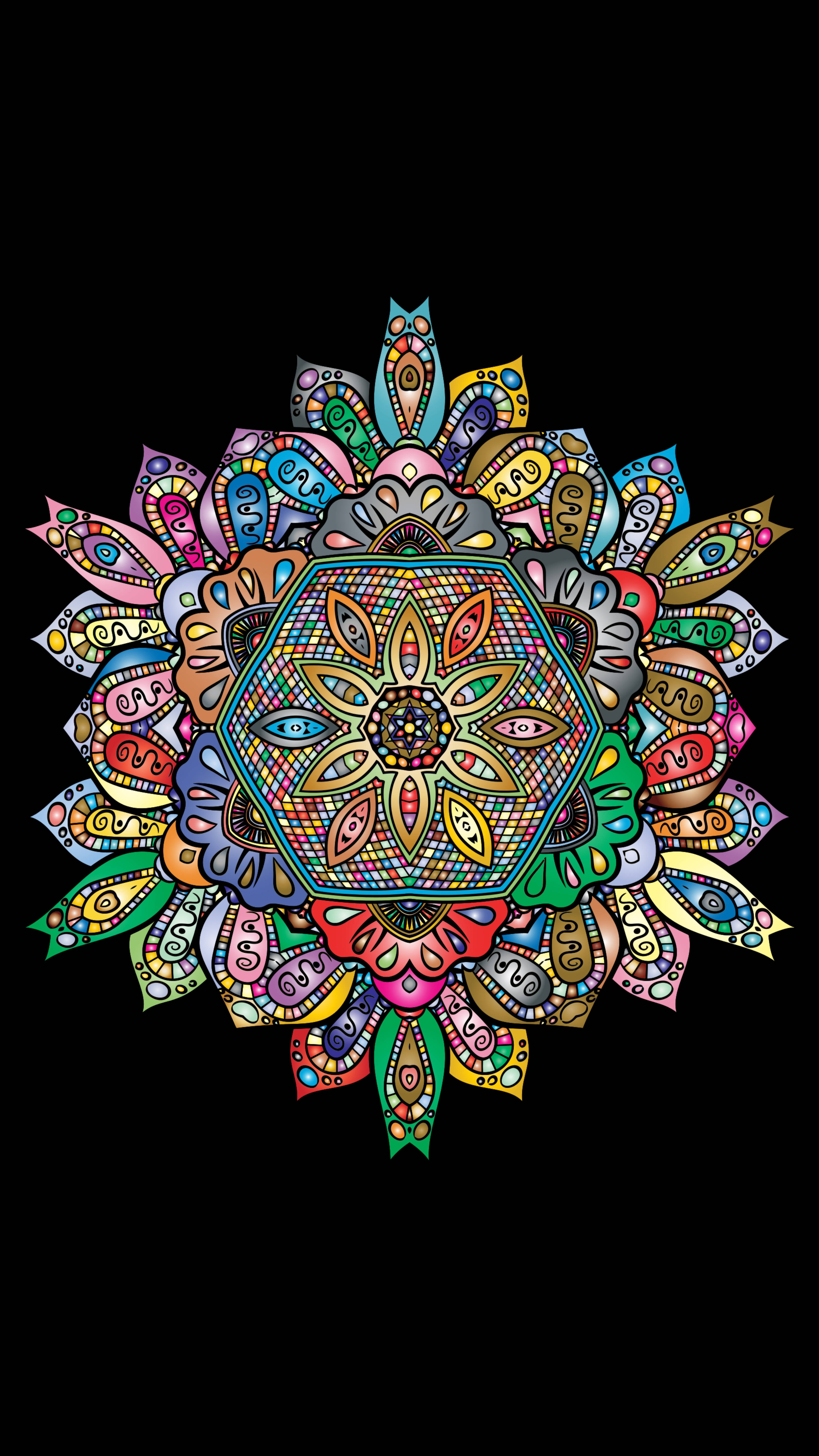 花卉 桌布 壁紙 — 一個充滿活力、圖案複雜的曼陀羅在純黑色背景上散發出色彩繽紛的對稱設計。