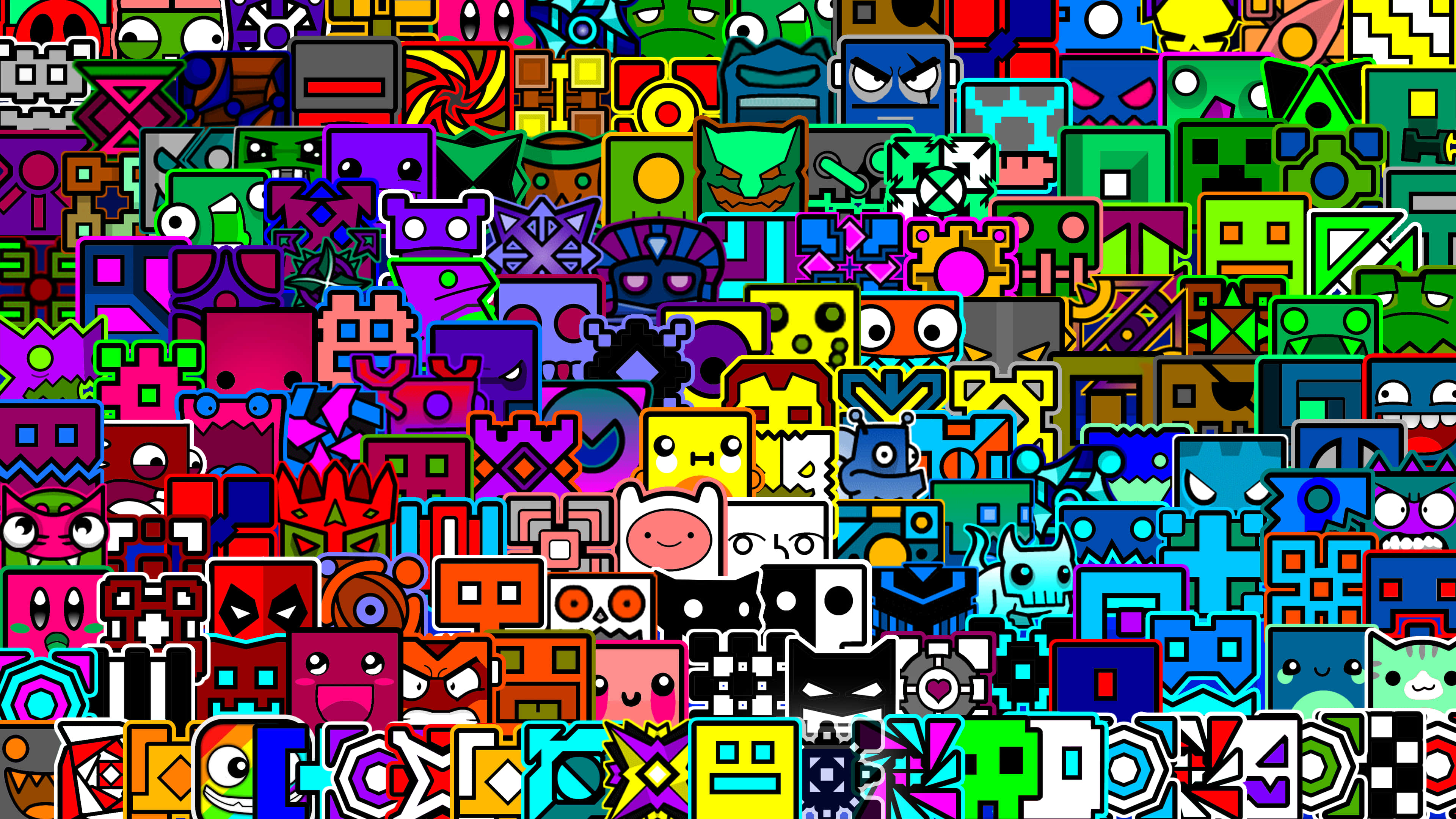 icon 桌布 壁紙 — 一個充滿活力、混亂的拼貼畫，包含像素化的卡通怪物和角色，採用大膽的霓虹色。
