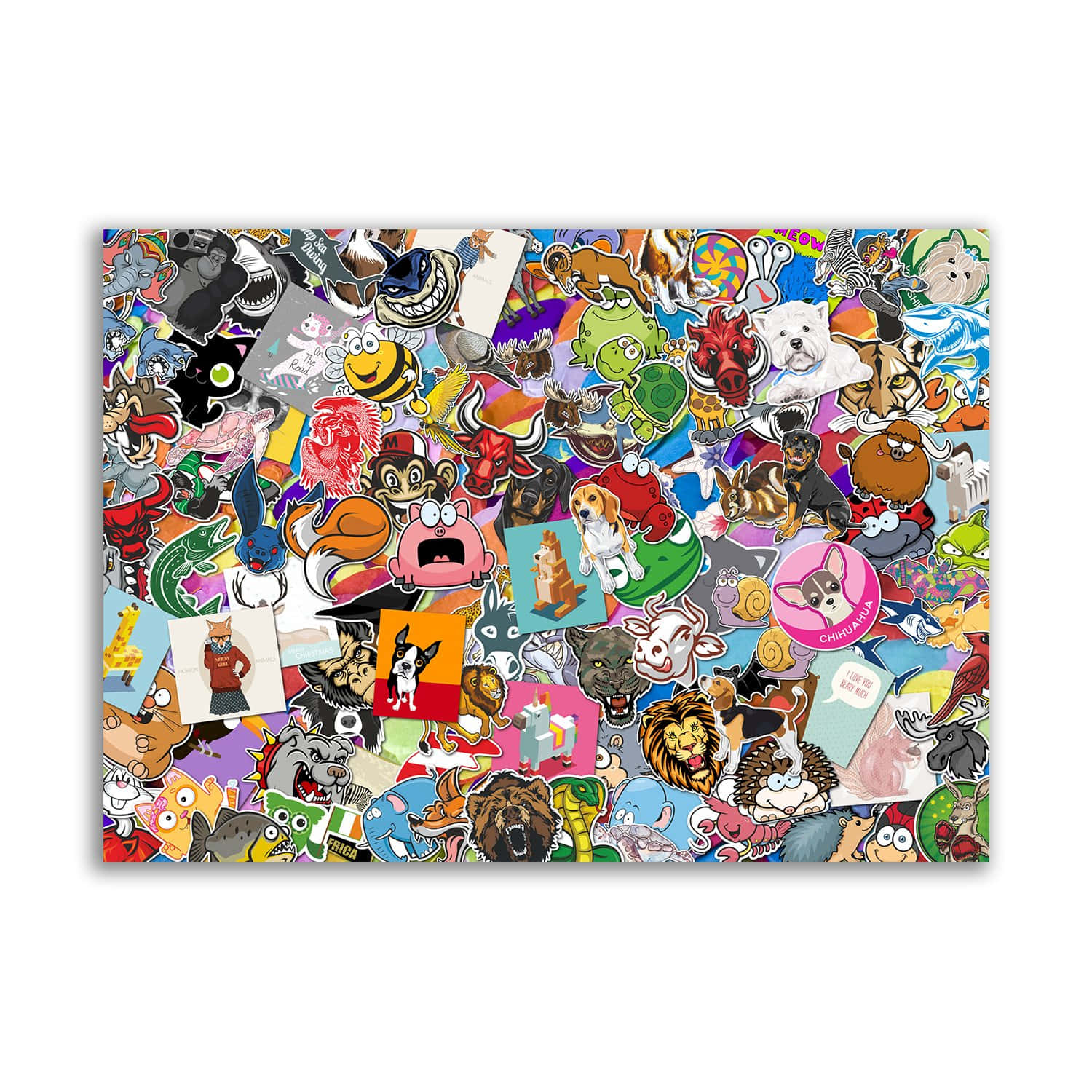 Cartoon Collage 桌布 壁紙 — 一個充滿活力、混亂的拼貼畫，由色彩繽紛的卡通動物貼紙密集地疊加在白色背景上。
