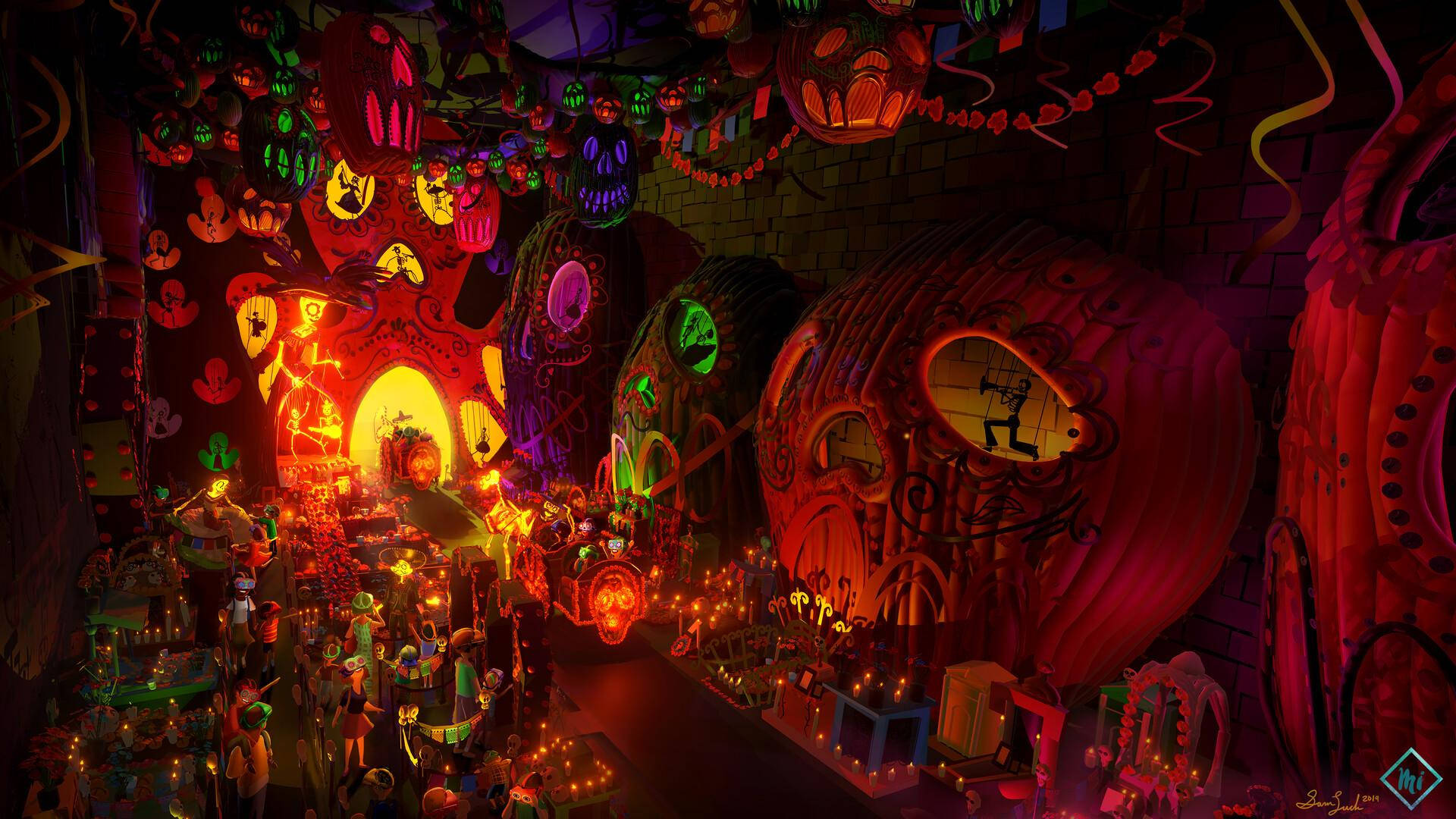 Dia De Los Muertos 桌布 壁紙 — 一個充滿活力、發光的亡靈節慶祝活動，有巨大的頭骨、色彩繽紛的燈籠和裝飾小巷中的節日人群。