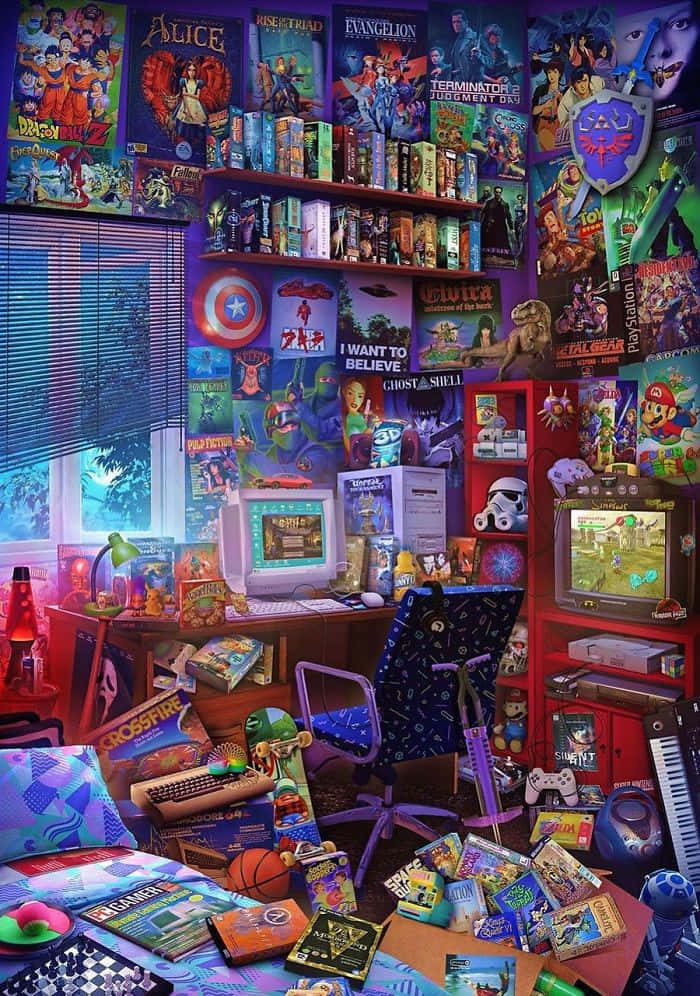 Gaming Art 桌布 壁紙 — 一個充滿活力、雜亂的復古遊戲室，在紫色環境燈光下，充滿海報、書籍、遊戲機和發光的螢幕。