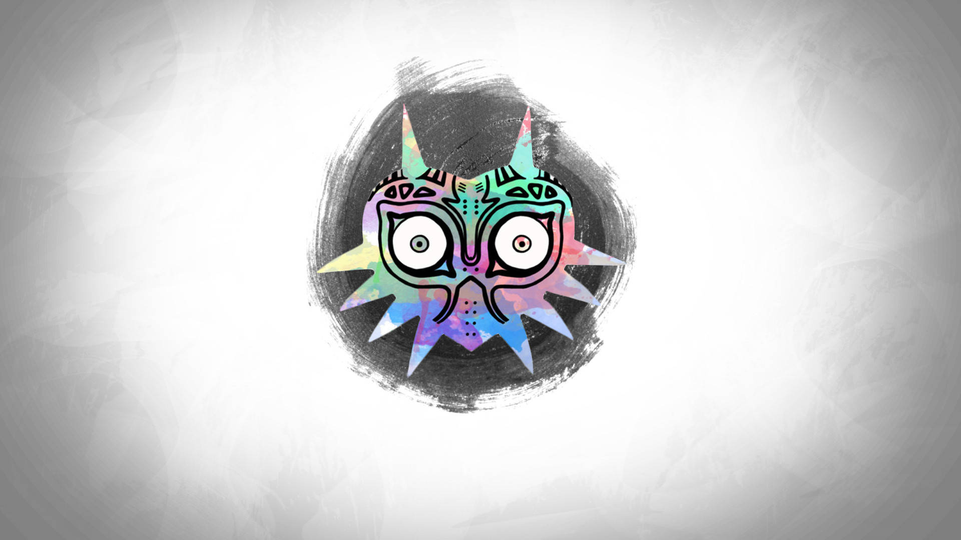 Majora's Mask 桌布 壁紙 — 一個充滿活力、風格化的貓頭鷹面具，帶有彩虹色調和尖銳的尖刺，置於紋理灰色圓形背景上。