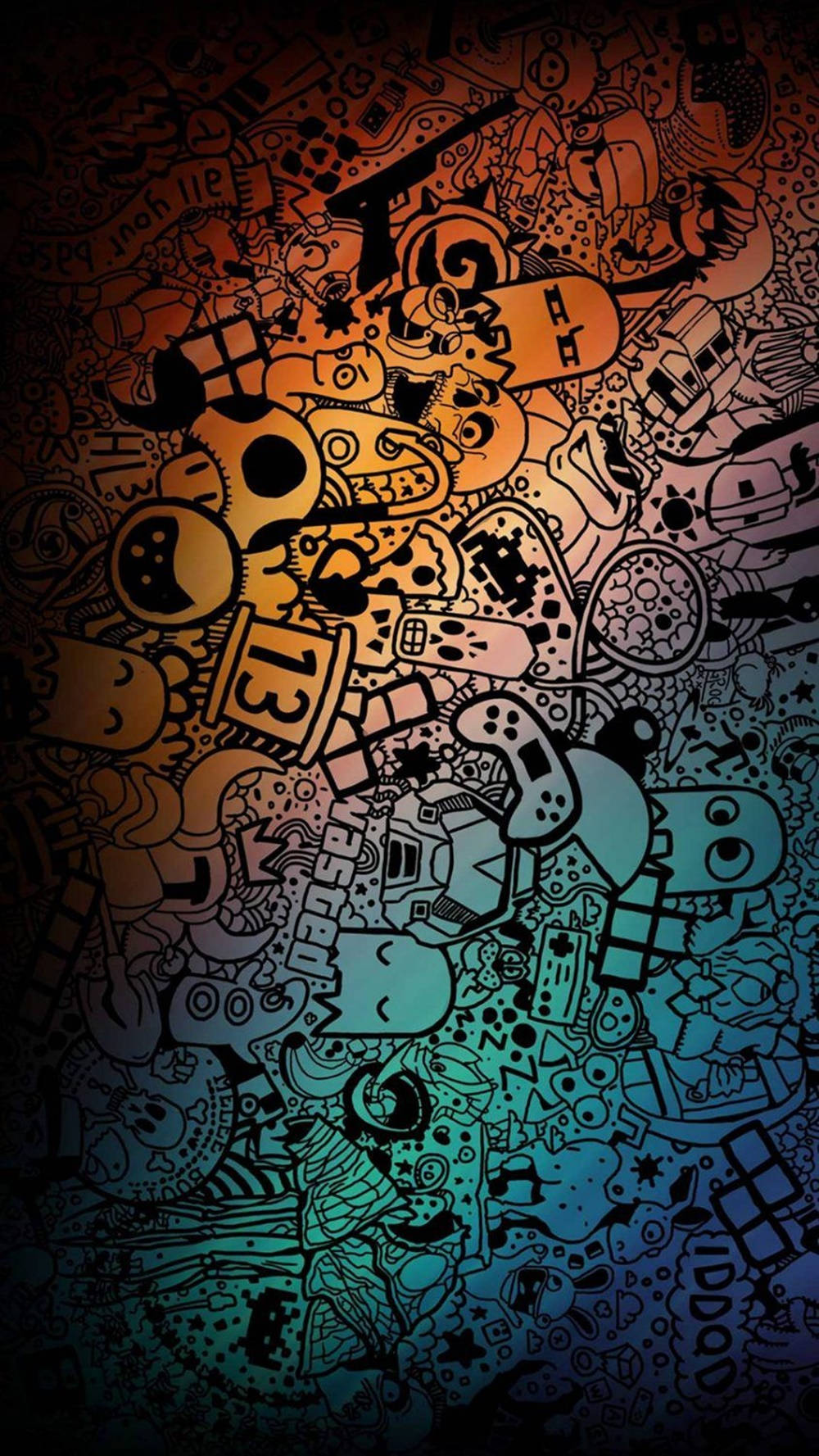 一幅色彩繽紛的遊戲塗鴉插圖，從橙色漸變到藍色。 — 塗鴉動圖 壁紙