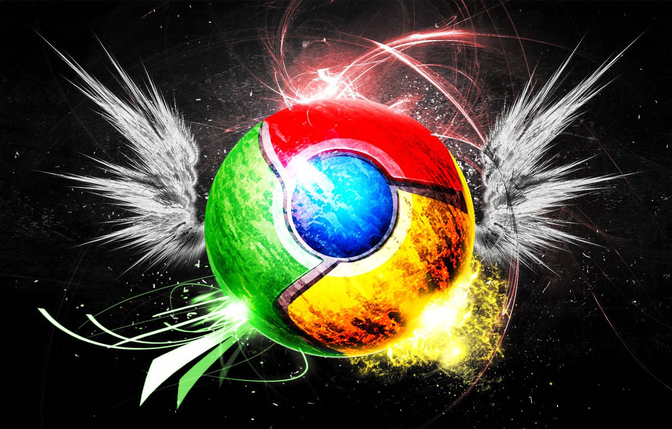 Chrome 桌布 壁紙 — 一個充滿活力的 Chrome 標誌球體，帶有發光的翅膀和電能爆發，背景是黑暗的宇宙。