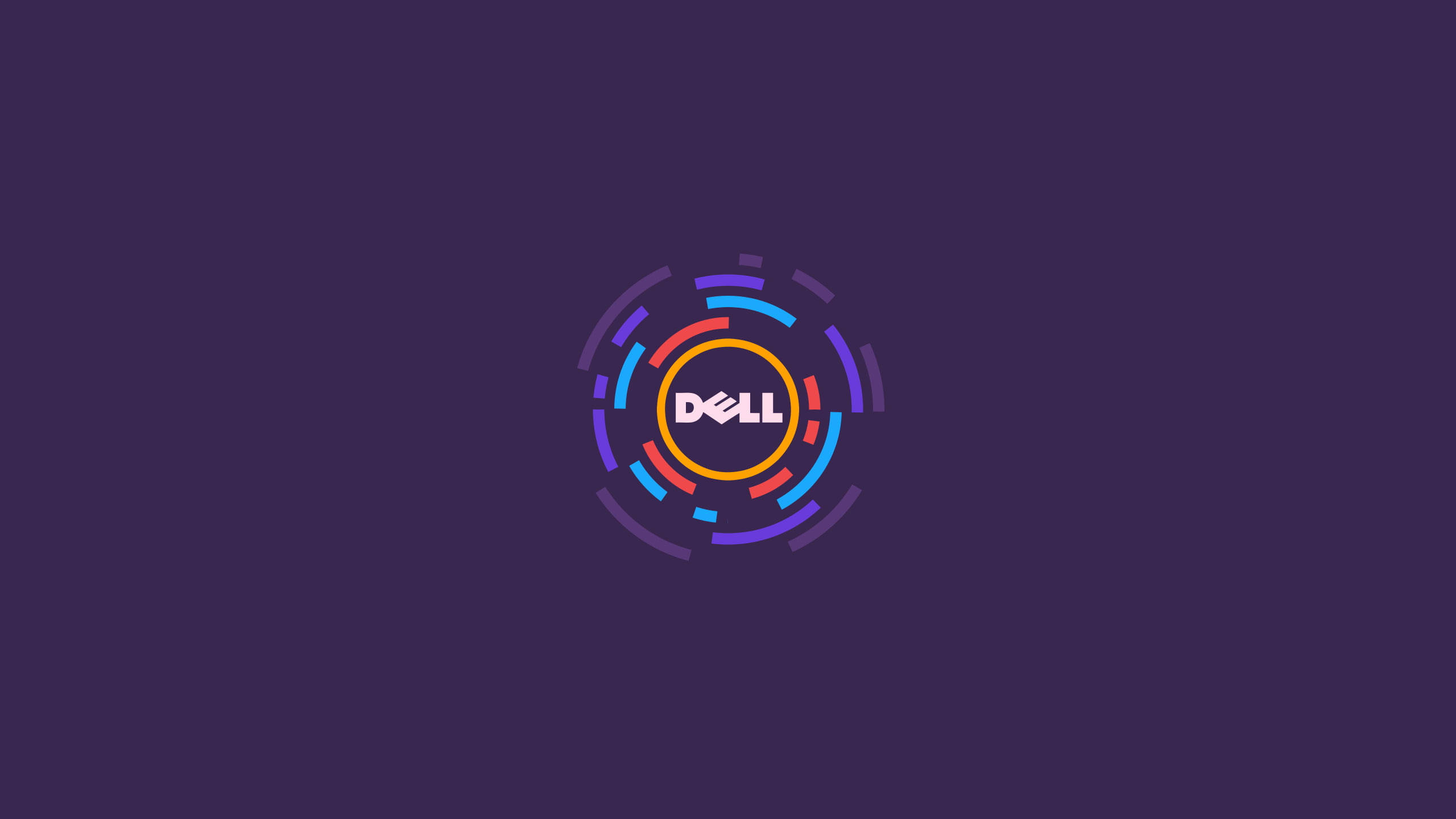 戴爾筆記型電腦 桌布 壁紙 — 一個充滿活力的 Dell 標誌，以深紫色背景為中心，帶有色彩繽紛的同心弧線。