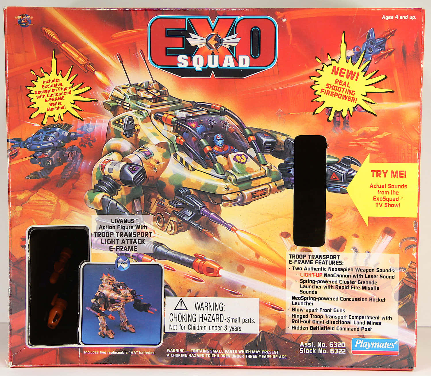 cartoons 桌布 壁紙 — 一個充滿活力的 Exo Squad 玩具盒，展示一架迷彩機甲在火橙色背景上發射武器，附有動作人偶和文字。