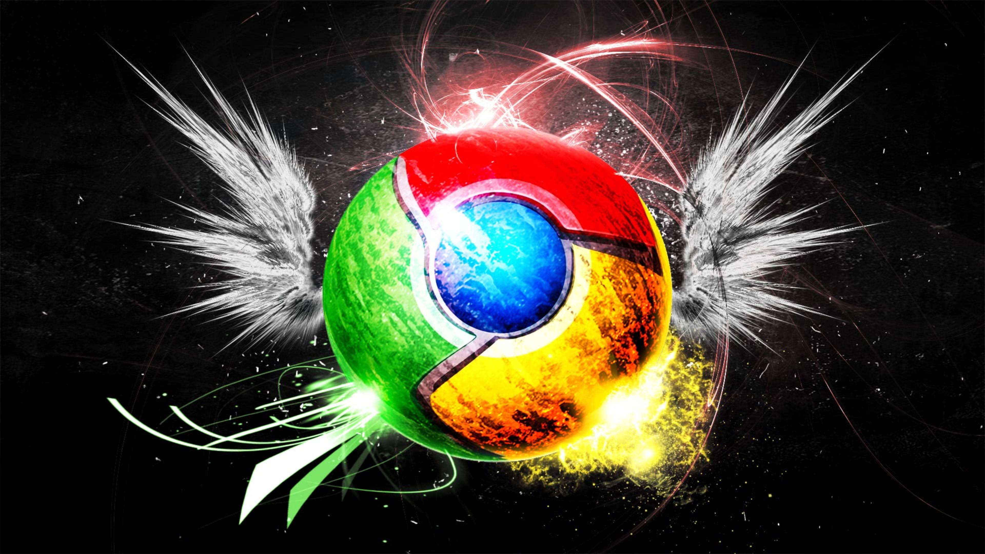 Google Chrome 桌布 壁紙 — 一個充滿活力的 Google Chrome 標誌球體，帶有發光的翅膀和電能爆發，背景是黑暗的宇宙。