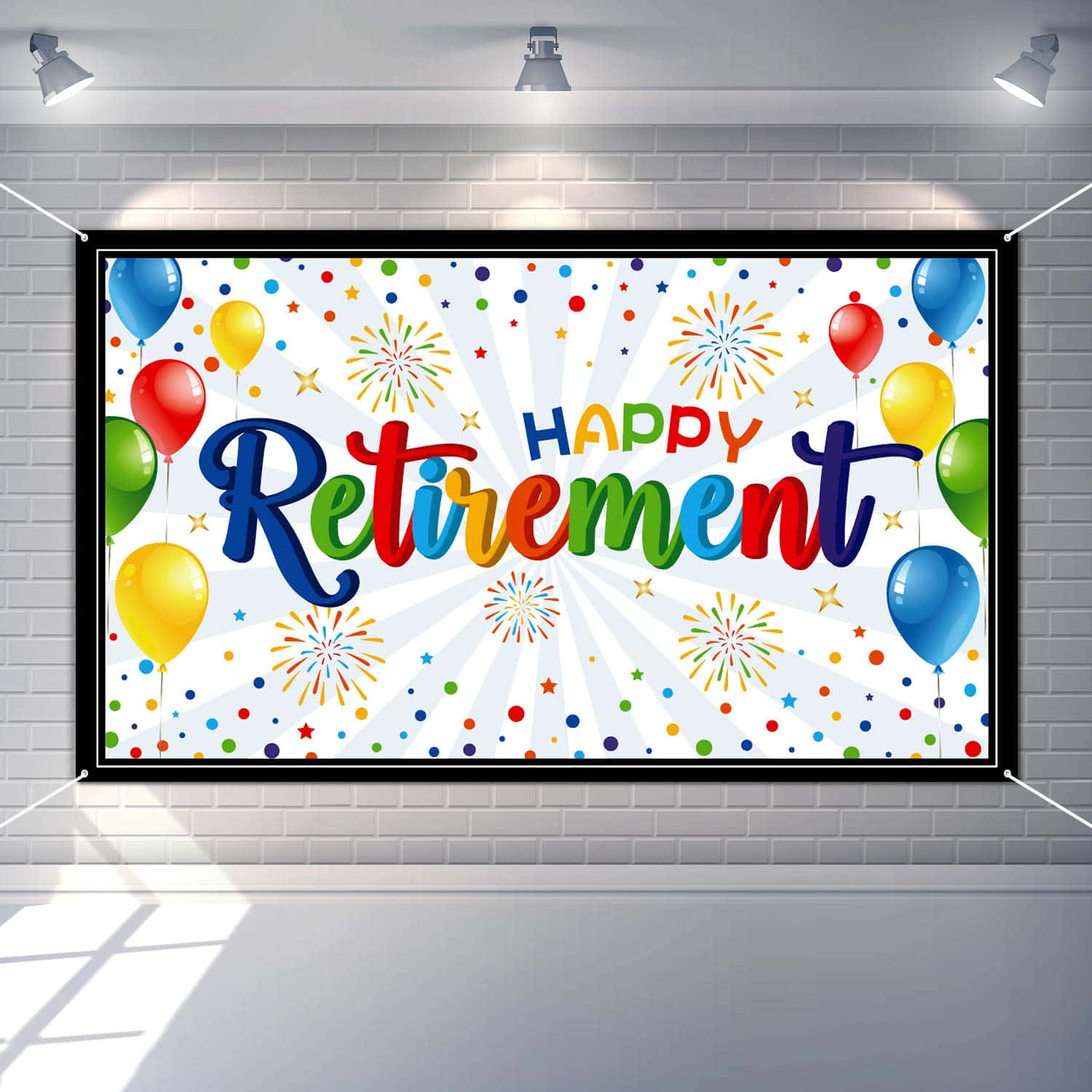 Retirement 桌布 壁紙 — 一個充滿活力的「Happy Retirement」橫幅，上面有氣球、煙火和五彩紙屑，掛在白色磚牆上，聚光燈照射。