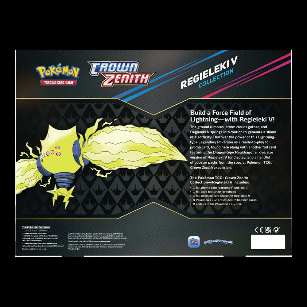 寶可夢 桌布 壁紙 — 一個充滿活力的 Pokémon TCG Crown Zenith Regieleki V 收藏盒，上面有一個發光的黃色閃電主題寶可夢，背景為深色圖案。