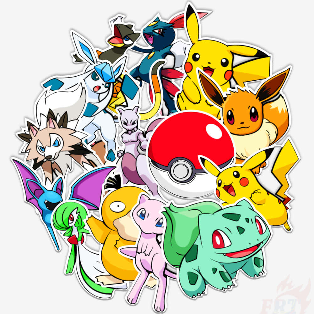 Pokemon Stickers 桌布 壁紙 — 一個充滿活力的 Pokémon 貼紙系列，包含皮卡丘、妙蛙種子等角色，圍繞一個精靈球排列在純色背景上。