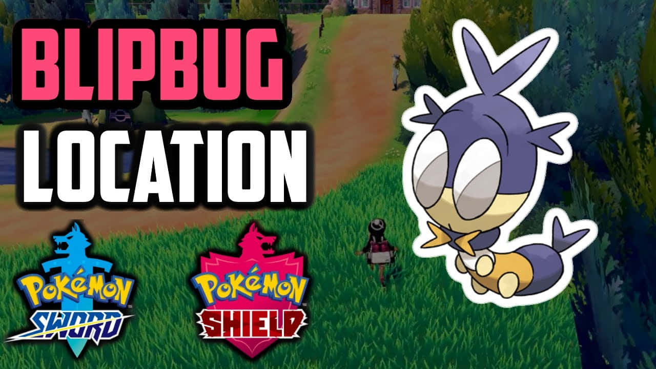 寶可夢 桌布 壁紙 — 一個充滿活力的 Pokémon 劍／盾遊戲場景，顯示玩家角色在草地上走向 Blipbug，並帶有文字疊加。
