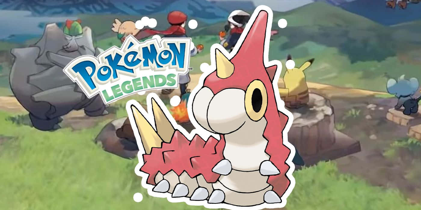 寶可夢 桌布 壁紙 — 一個充滿活力的 Pokémon Legends 遊戲場景，前景有一隻紅白色的龍系寶可夢，其他寶可夢和訓練家在草地戶外環境中。