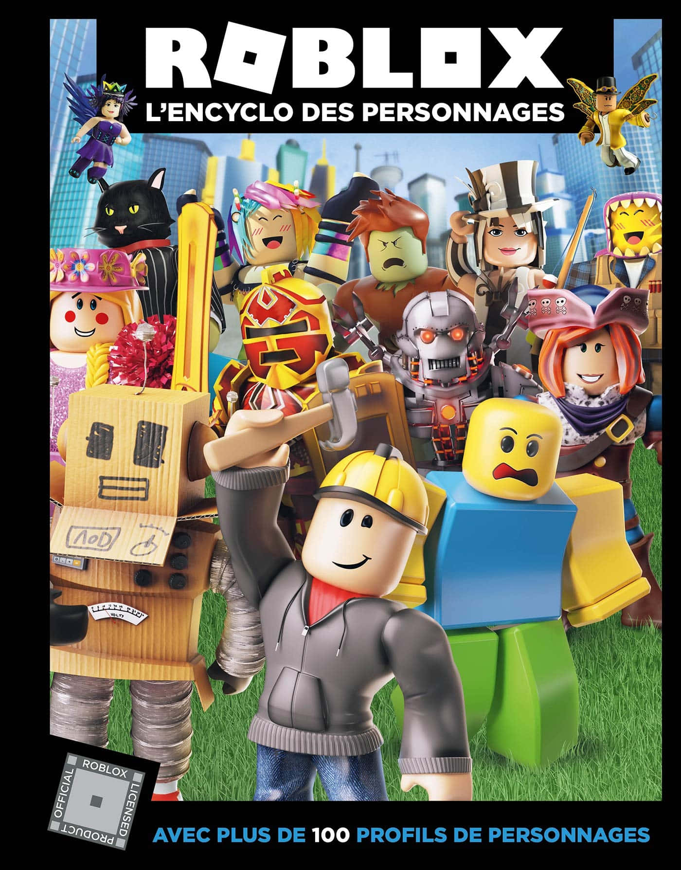 Roblox 桌布 壁紙 — 一個充滿活力的 Roblox 角色百科全書封面，以城市天際線為背景，展示各種方塊造型的虛擬角色穿著色彩繽紛的都市服裝。