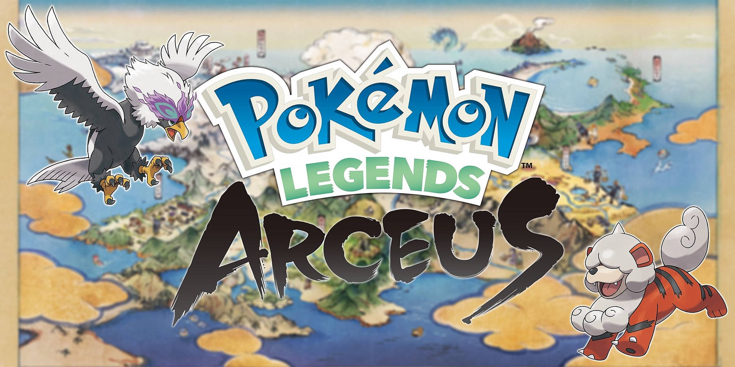 Legends 桌布 壁紙 — 一個充滿活力的《寶可夢傳說 阿爾宙斯》標題畫面，展示了一隻翱翔的鳥寶可夢和一隻頑皮的狐狸般寶可夢，背景是色彩繽紛的地圖。